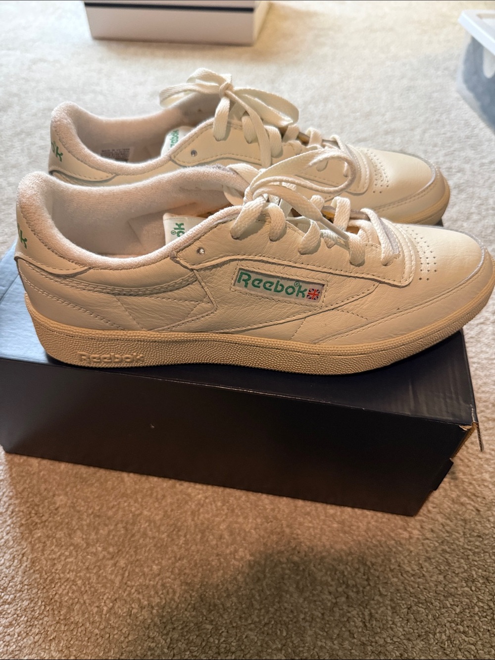 Reebok White Leather Sneakers with Green Logo Accent